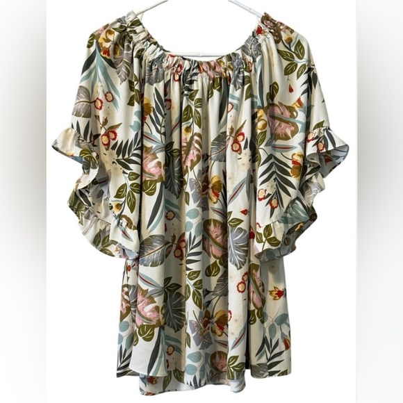 EASEL Anthropologie floral print ruffle flutter short sleeve pullover NEW size S - Picture 1 of 12